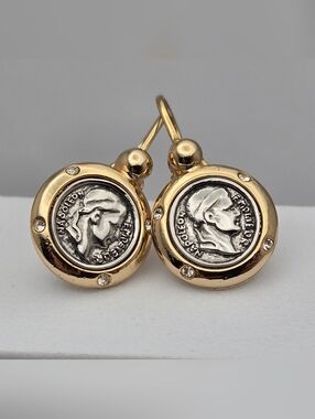 Napoleon Coin Earrings Two Tone Leverback Rhinestone Accents 1" New